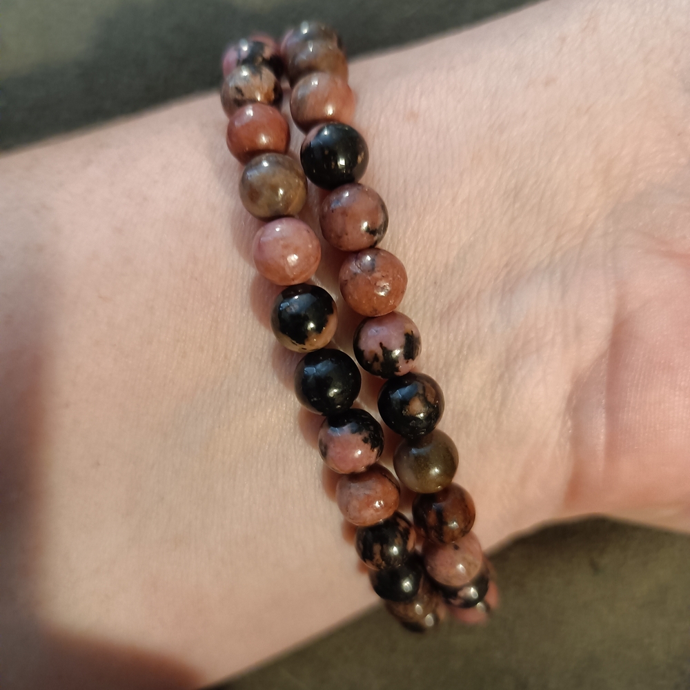 2 Elegant Pink and Black Rhodonite Beaded Bracelets
